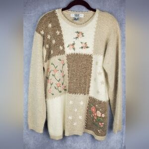 SEGUE Vintage Floral Tunic Sweater 1990s Cottagecore Pullover in Silk & Angora L